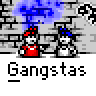 A 3x3 grid of pixelated animated frames showing two cartoon characters in red and white outfits against a brick wall background with blue smoke effects, each frame labeled "Gangstas" below.