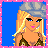 Pixel art contact sheet of a blonde female character in four frames showing different poses and accessories against blue backgrounds with pink borders.