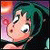 Pixelated cartoon character with teal hair, pink skin, and wide eyes, set against a gradient background of orange, purple, and pink hues.