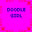 Bright pink background with red dotted borders and asterisk accents, four identical text blocks reading "DOODLE GIRL" in blue pixelated font arranged symmetrically.