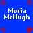 Blue background with repeated white text "Moria McHugh" and alternating red/purple pixel hearts in a pattern