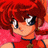 Pixelated anime-style character with red hair and silver eyes, wearing a red sleeveless top with a blue collar and brown pendant, positioned next to black background with white text.