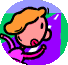 Animated cartoon character with orange hair and pink skin, wearing a purple outfit with white accents, against a green and blue background.