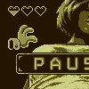 Pixel art image showing a character with short hair, three heart symbols above the head, and a hand gesture near a 'PAUSE' button.