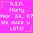 Pixelated pink background with white text reading 'R.I.P. Misty Mar. 24, 07 We miss u LOTS!' and yellow/pink star decorations.