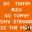 Pixelated text and character icons display 'GO TONY!!', '#20', and 'TONY STEWART IS THE MAN!' across orange, brown, black backgrounds with a small running figure.