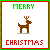 Green 'MERRY' text above a pixelated reindeer with brown and orange checkered pattern, red nose, standing on gray base; red 'CHRISTMAS' below. White background bordered by green and red stripes.