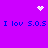 Purple background with blue text repeating 'I lov S.O.S' and white pixelated symbols including a heart, starburst, and dot cluster.