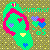Pixelated green figure with pink outline holding yellow heart, surrounded by blue and purple flowers on brown background with scattered light squares.