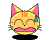 Pixelated cartoon cat face with pink ears and yellow fur, shown in two animation frames with closed eyes and a blue tear drop on the right cheek against gray background.