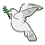 Pixelated white dove with outstretched wings holding green olive branch against gray background, next to dark green with bright green text