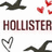 Animated icon with white background showing dark bird silhouettes, red hearts, and 'HOLLISTER' text, transitioning to black background with white pixelated text 'my one true love' and heart symbols.