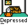 Animated contact sheet showing four frames of a pixel art character in an orange shirt sitting on a green floor, with repeated text "_Depressed" below each frame and changing speech bubbles across the top row.