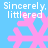 Blue background with four pink snowflakes and white text reading "Sincerely, littlered" in two