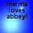 Blue background with black text reading 'marina loves abbey!' and a bright light effect that shifts position across frames.