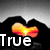 Animated heart-shaped sunset with hands forming a frame, text changes from 'True' to 'Love' and '<3'.