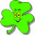A pixelated green four-leaf clover mascot with yellow eyes and a smile next to partial text reading "Irish Pride" on a light background.