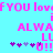 Pixelated text in pink and purple on cyan background with repeated phrases and heart symbols.