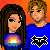 Animated contact sheet of a pixel art buddy icon featuring two cartoon characters and text fragments arranged in a 3x3 grid with varying background colors.