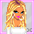 Pixelated cartoon woman with blonde hair and blue eyes, wearing white top and hoop earrings; text "TRY to be happy!" appears below.