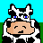Pixel art buddy icon featuring a cow-costumed character with closed eyes and the word "MOO" on a gray background, displayed as two frames in a contact sheet layout.