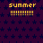 Pixelated yellow text 'summer' with exclamation marks on a dark purple star-patterned background, repeated across the image.