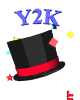 Animated sequence of a black top hat with red band, blue 'Y2K' text, and scattered stars/squares in yellow, red, blue, and cyan.