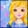 Animated image of a cartoon girl with blonde hair and brown eyes, wearing a blue top against a light blue background with pink and white sparkles.