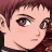 Pixelated anime-style close-up of a character's face with brown hair and purple eyes, rendered in soft pastel tones on a dark background.