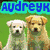 Four pixelated dog images arranged in a with text overlays: 'AudreyK' top-left, 'loves' middle-right, 'cute' bottom-left, 'puppies' bottom-right
