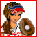 A pixelated cartoon-style icon featuring a female baseball player with brown hair and red headband holding a glove, next to stylized patriotic text on black background.