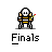 A 4x4 contact sheet of a pixel art animated icon showing a stick figure character with a skull head, yellow and white striped shirt, black pants, and red accents holding a green object, displaying various speech bubbles and motion effects across frames.