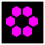 Six distinct pixelated hexagonal icons arranged in a , each with unique color and count configurations on black backgrounds