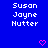 Blue background displays repeated white text "Susan Jayne Nutter" with pink heart and arrow symbols appearing in different positions across frames.
