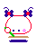 A 6-frame animated contact sheet of a pixel-art character with white rounded body, purple antennae, and pink cheeks in various poses including magnifying glass, question mark, and yellow sparkles.