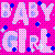 Pixelated static icon with pink background and blue accents featuring stylized text "BABY GIRL" in light purple/pink letters, surrounded by scattered blue plus signs.