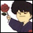 Pixelated anime-style character with dark hair holds red rose, standing against white and black background with text.