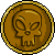 Brown circular coins with golden borders, each featuring a stylized skull with large eye sockets and a small nose, arranged in a with some coins having white star-like sparkles