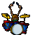 Pixel art of a drummer with brown hair and green shirt playing blue-and-red drums, yellow cymbals, and black drumsticks against gray background.