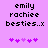 Pixelated text 'emily rachiee besties..x' on a purple background with two of pink and light purple hearts, the second has one less heart than the first