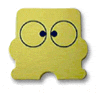 Yellow cartoon character with large circular eyes and small black pupils, shown in multiple poses including side view and varying eye shapes.