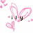 Pixelated pink bunny ears with floating hearts and the text 'ily' in dark green on a white background.