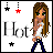 Pixel art animation of a female character with long brown hair and green eyes in three frames showing star position changes, wearing white crop top and dark blue pants against white background with "Hot" text.