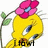 Yellow cartoon bird with pink flower on head, blue eyes, and green leaves in background; text changes across frames.