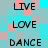 Pixelated text words 'LIVE', 'LOVE', 'DANCE' arranged in a on a checkered background of cyan, pink, and gray squares