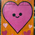 A pink heart-shaped figure with a smiling face on an orange background with scattered light-colored shapes.