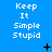 Blue background with repeated white text "Keep It Simple Stupid" in three , featuring small black pixel symbols like plus signs and Xs scattered across the image