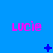 Blue background with pink 'Lucie' text repeated in a , featuring animated blue symbols between
