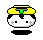 Pixelated cartoon character with yellow headpiece, green T-shaped mark on forehead, white face, black hair tuft, and orange cheek dots; body is solid black shape.