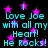 Black background with cyan text repeating 'Love Joe with all my Heart! He Rocks!' and pink stars scattered throughout.